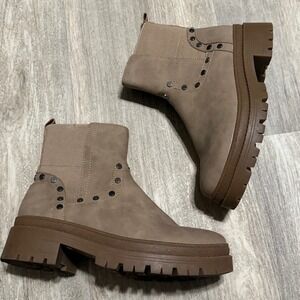 Lug Sole Ankle Boots‎ Studded Detail Taupe Brown Womens Booties Side Zipper
